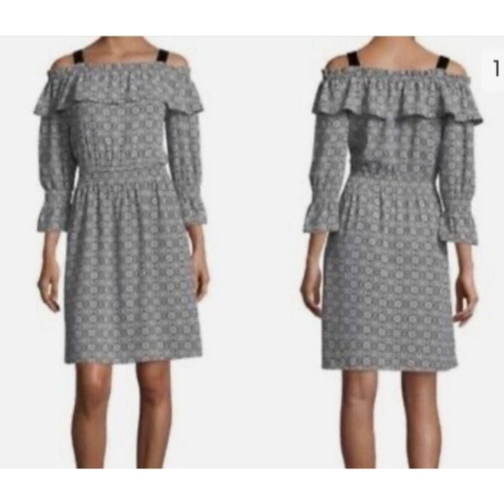 Michael Kors Dress Black White L Large Off Shoulder Long Sleeve Ruffle